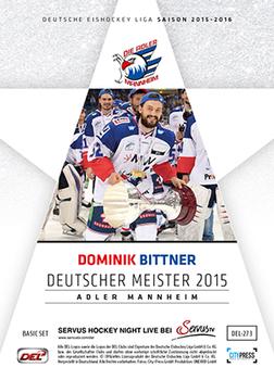 2015-16 Playercards Basic Serie 1 (DEL) #DEL-273 Dominik Bittner Back