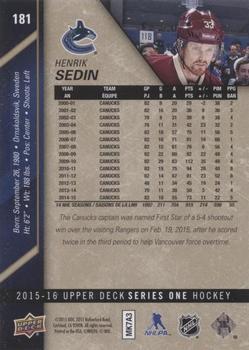 2015-16 Upper Deck - UD Exclusives #181 Henrik Sedin Back