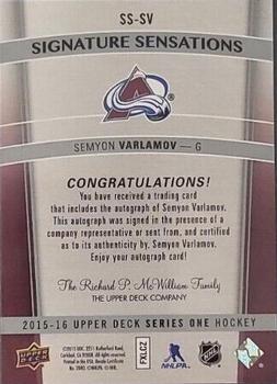 2015-16 Upper Deck - Signature Sensations #SS-SV Semyon Varlamov Back