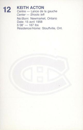 1982-83 Montreal Canadiens Postcards #NNO Keith Acton Back