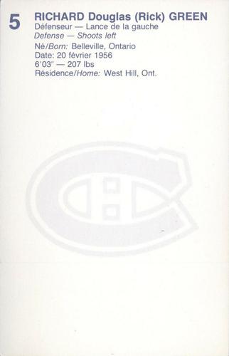 1982-83 Montreal Canadiens Postcards #NNO Rick Green Back