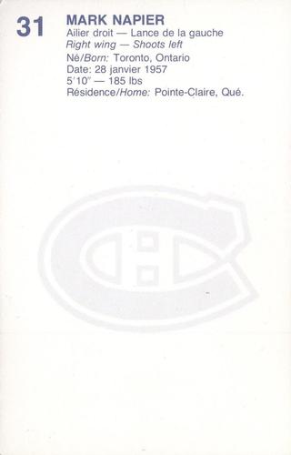 1982-83 Montreal Canadiens Postcards #NNO Mark Napier Back