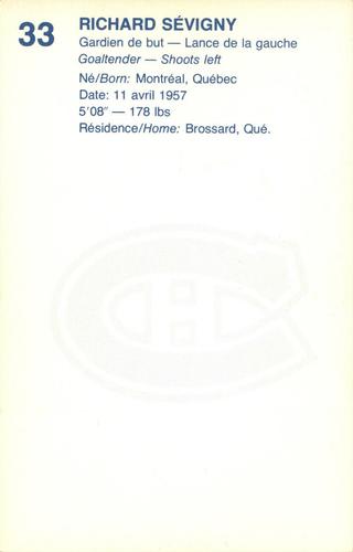 1982-83 Montreal Canadiens Postcards #NNO Richard Sevigny Back
