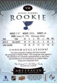 2015-16 Upper Deck Artifacts - Rookie Redemptions Autographs #VII Robby Fabbri Back