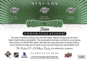 2015-16 Upper Deck Artifacts - Stick to Stick Trios Green #STS3-LOS Rob Blake / Wayne Gretzky / Jari Kurri Back