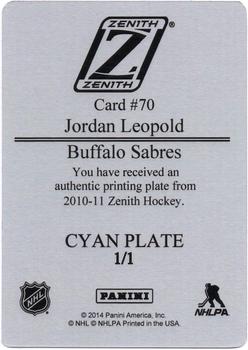 2013-14 Panini National Treasures - 2010-11 Panini Zenith Printing Plates Cyan #70 Jordan Leopold Back