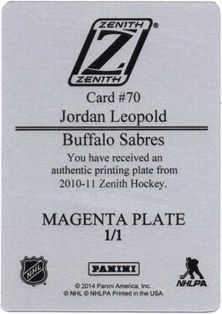 2013-14 Panini National Treasures - 2010-11 Panini Zenith Printing Plates Magenta #70 Jordan Leopold Back