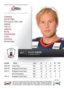 2012-13 Playercards (DEL) #DEL-030 Mark Katic Back