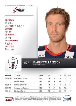 2012-13 Playercards (DEL) #DEL-043 Barry Tallackson Back
