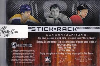 2015 Leaf In The Game Stickwork - Stick Rack 3 #SR3-08 Marcel Dionne / Phil Esposito / Stan Mikita Back