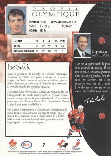 1997 Esso Olympic Hockey Heroes French #7 Joe Sakic Back