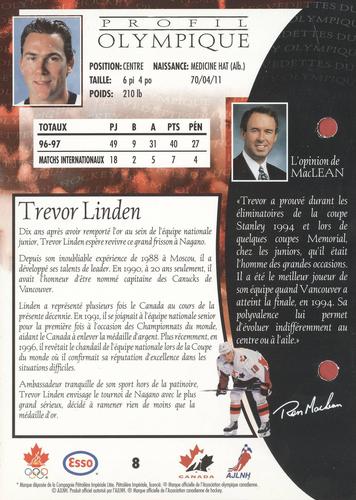 1997 Esso Olympic Hockey Heroes French #8 Trevor Linden Back