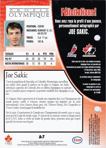 1997 Esso Olympic Hockey Heroes French - Autograph Sheets #A-7 Joe Sakic Back