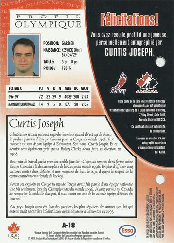 1997 Esso Olympic Hockey Heroes French - Autograph Sheets #A-18 Curtis Joseph Back