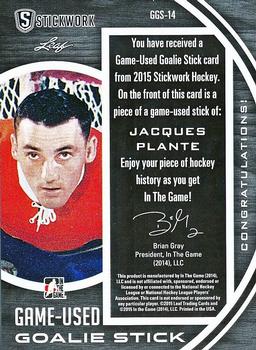 2015 Leaf In The Game Stickwork - Goalie Game-Used Stick Gold #GGS-14 Jacques Plante Back
