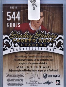 2015 Leaf In The Game Stickwork - Hockey History Goal Leaders Gold #HHG-15 Maurice Richard Back