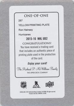 2015-16 Upper Deck - Printing Plates Yellow #287 Ron Hainsey Back