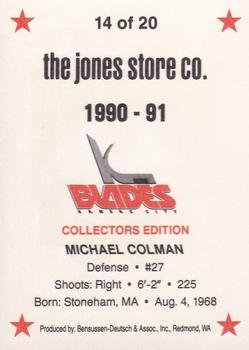 1990-91 Kansas City Blades (IHL) #14 Michael Colman Back