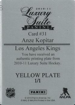 2010-11 Panini Luxury Suite - Printing Plate Yellow #31 Anze Kopitar Back