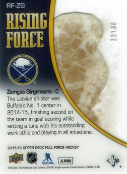 2015-16 Upper Deck Full Force - Rising Force Gold #RF-ZG Zemgus Girgensons Back