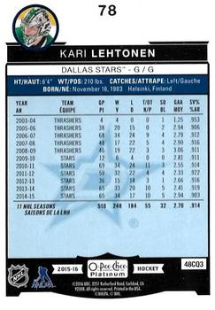 2015-16 O-Pee-Chee Platinum #78 Kari Lehtonen Back