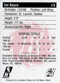 1993-94 Fort Wayne Komets (IHL) #NNO Ian Boyce Back