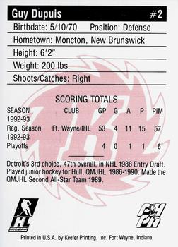 1993-94 Fort Wayne Komets (IHL) #NNO Guy Dupuis Back