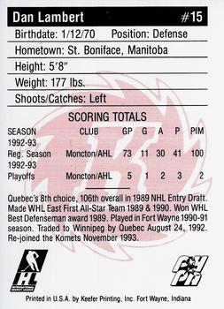 1993-94 Fort Wayne Komets (IHL) #NNO Dan Lambert Back