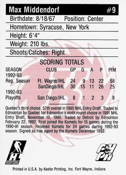 1993-94 Fort Wayne Komets (IHL) #NNO Max Middendorf Back