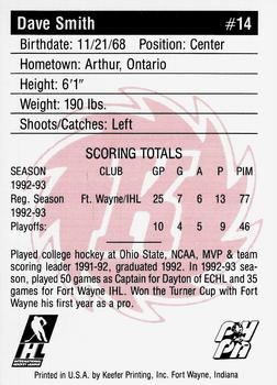 1993-94 Fort Wayne Komets (IHL) #NNO Dave Smith Back