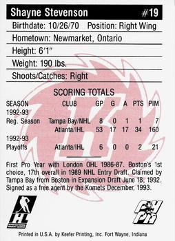 1993-94 Fort Wayne Komets (IHL) #NNO Shayne Stevenson Back