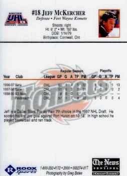 1999-00 News Sentinel Fort Wayne Komets (UHL) #NNO Jeff McKercher Back