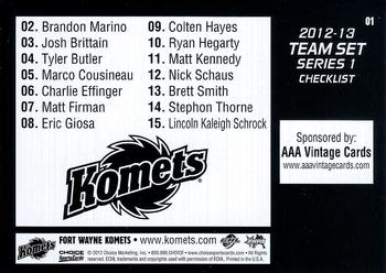 2012-13 Choice Fort Wayne Komets (ECHL) #1 Checklist Series 1 Back