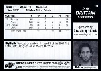 2012-13 Choice Fort Wayne Komets (ECHL) #3 Josh Brittain Back