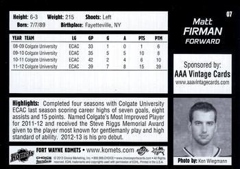 2012-13 Choice Fort Wayne Komets (ECHL) #7 Matt Firman Back