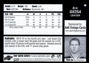2012-13 Choice Fort Wayne Komets (ECHL) #8 Eric Giosa Back