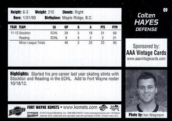 2012-13 Choice Fort Wayne Komets (ECHL) #9 Colten Hayes Back