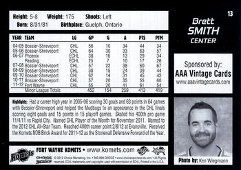 2012-13 Choice Fort Wayne Komets (ECHL) #13 Brett Smith Back