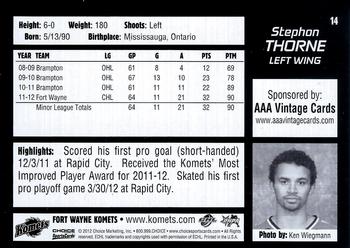 2012-13 Choice Fort Wayne Komets (ECHL) #14 Stephon Thorne Back