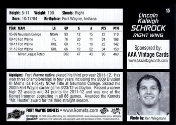 2012-13 Choice Fort Wayne Komets (ECHL) #15 Kaleigh Schrock Back
