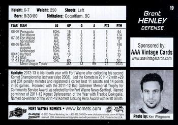 2012-13 Choice Fort Wayne Komets (ECHL) #19 Brent Henley Back