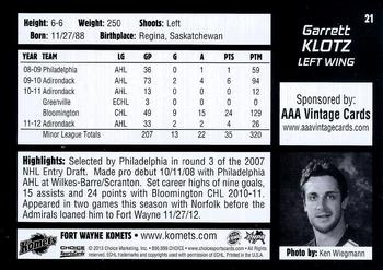 2012-13 Choice Fort Wayne Komets (ECHL) #21 Garrett Klotz Back