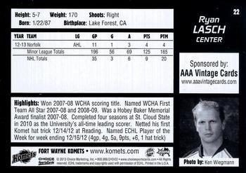 2012-13 Choice Fort Wayne Komets (ECHL) #22 Ryan Lasch Back