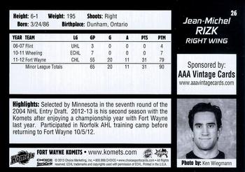 2012-13 Choice Fort Wayne Komets (ECHL) #26 Jean-Michel Rizk Back