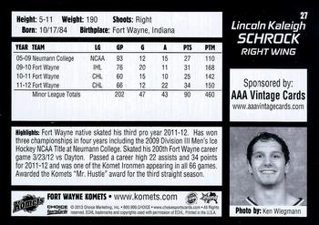 2012-13 Choice Fort Wayne Komets (ECHL) #27 Kaleigh Schrock Back
