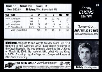 2012-13 Choice Fort Wayne Komets (ECHL) #28 Corey Elkins Back