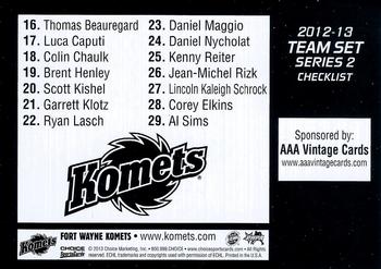 2012-13 Choice Fort Wayne Komets (ECHL) #NNO Checklist Series 2 Back