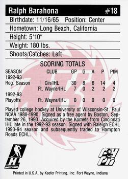 1992-93 Fort Wayne Komets (IHL) #NNO Ralph Barahona Back