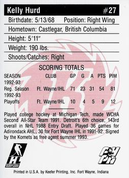 1992-93 Fort Wayne Komets (IHL) #NNO Kelly Hurd Back