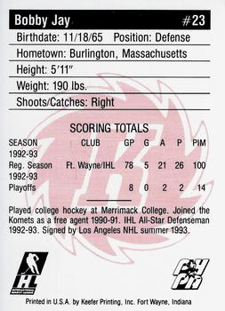 1992-93 Fort Wayne Komets (IHL) #NNO Bob Jay Back